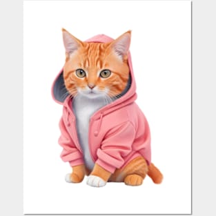 Orange cat Ginger cat wearing pink hoodie Posters and Art